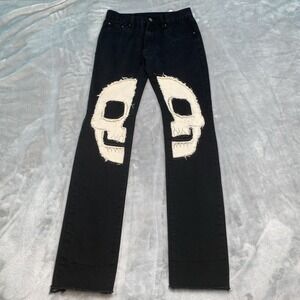 Mnml Jeans Men 29x34 Black Dark Wash Raw Hem Skull Graphic Goth Denim